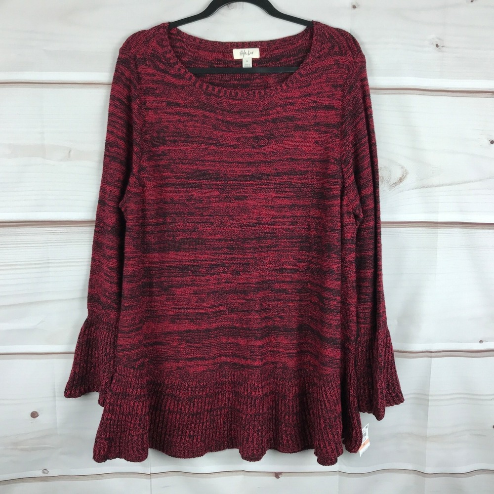 Style & Co Tunic Sweater Womens 2X Plus Marl Knit Scoop Neck Ruffle Hem Red